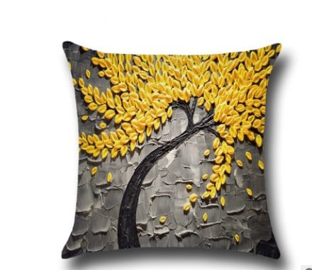 Housse de coussin en coton – Motif peinture à l’huile 3D d’arbres et fleurs, décoration pour canapé ou siège auto