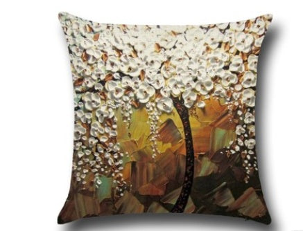 Housse de coussin en coton – Motif peinture à l’huile 3D d’arbres et fleurs, décoration pour canapé ou siège auto