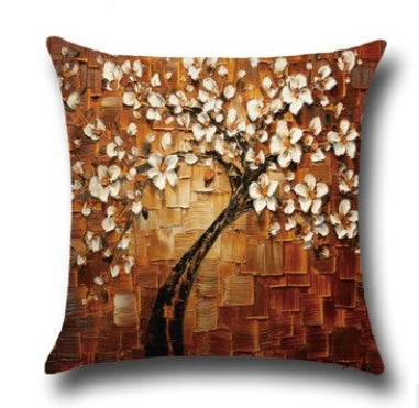 Housse de coussin en coton – Motif peinture à l’huile 3D d’arbres et fleurs, décoration pour canapé ou siège auto