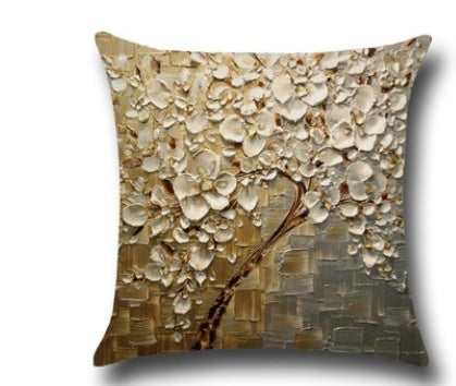 Housse de coussin en coton – Motif peinture à l’huile 3D d’arbres et fleurs, décoration pour canapé ou siège auto