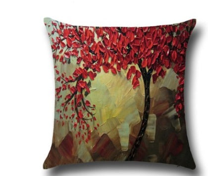 Housse de coussin en coton – Motif peinture à l’huile 3D d’arbres et fleurs, décoration pour canapé ou siège auto
