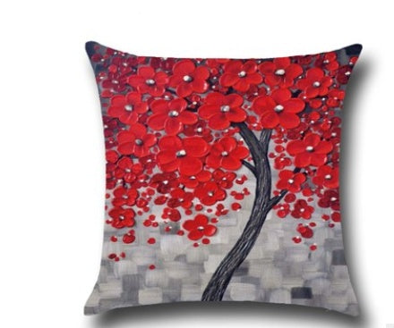 Housse de coussin en coton – Motif peinture à l’huile 3D d’arbres et fleurs, décoration pour canapé ou siège auto