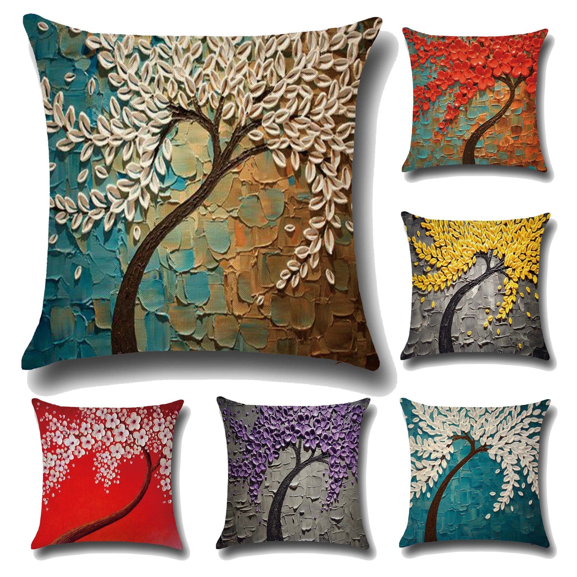 Housse de coussin en coton – Motif peinture à l’huile 3D d’arbres et fleurs, décoration pour canapé ou siège auto