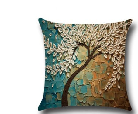 Housse de coussin en coton – Motif peinture à l’huile 3D d’arbres et fleurs, décoration pour canapé ou siège auto