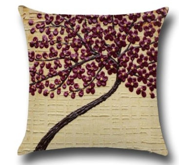Housse de coussin en coton – Motif peinture à l’huile 3D d’arbres et fleurs, décoration pour canapé ou siège auto
