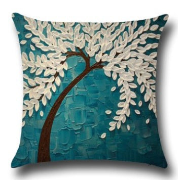 Housse de coussin en coton – Motif peinture à l’huile 3D d’arbres et fleurs, décoration pour canapé ou siège auto