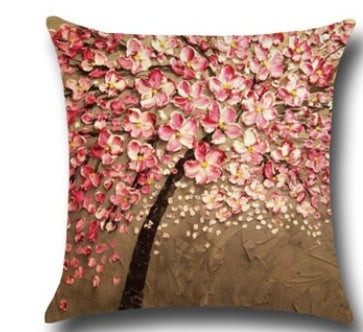 Housse de coussin en coton – Motif peinture à l’huile 3D d’arbres et fleurs, décoration pour canapé ou siège auto