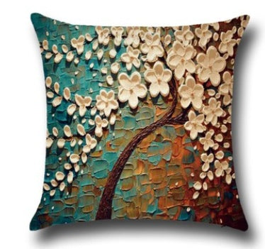 Housse de coussin en coton – Motif peinture à l’huile 3D d’arbres et fleurs, décoration pour canapé ou siège auto