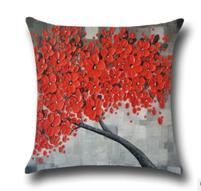 Housse de coussin en coton – Motif peinture à l’huile 3D d’arbres et fleurs, décoration pour canapé ou siège auto