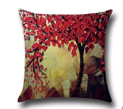 Housse de coussin en coton – Motif peinture à l’huile 3D d’arbres et fleurs, décoration pour canapé ou siège auto