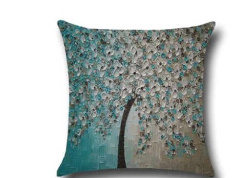 Housse de coussin en coton – Motif peinture à l’huile 3D d’arbres et fleurs, décoration pour canapé ou siège auto