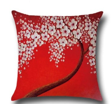 Housse de coussin en coton – Motif peinture à l’huile 3D d’arbres et fleurs, décoration pour canapé ou siège auto
