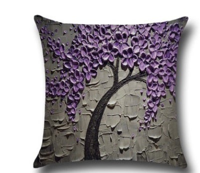 Housse de coussin en coton – Motif peinture à l’huile 3D d’arbres et fleurs, décoration pour canapé ou siège auto