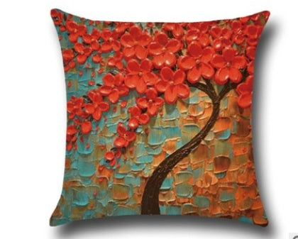 Housse de coussin en coton – Motif peinture à l’huile 3D d’arbres et fleurs, décoration pour canapé ou siège auto