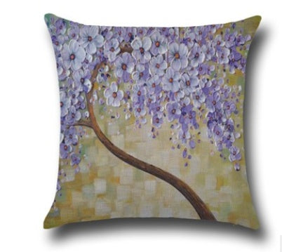 Housse de coussin en coton – Motif peinture à l’huile 3D d’arbres et fleurs, décoration pour canapé ou siège auto
