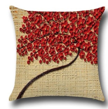 Housse de coussin en coton – Motif peinture à l’huile 3D d’arbres et fleurs, décoration pour canapé ou siège auto