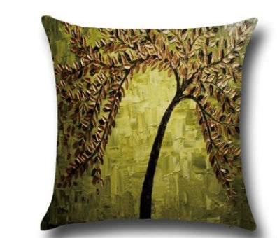 Housse de coussin en coton – Motif peinture à l’huile 3D d’arbres et fleurs, décoration pour canapé ou siège auto